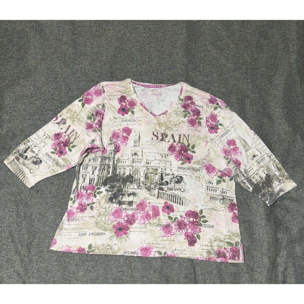 Alia Womens 2X Top Spain Floral Graphic V-Neck 3/4 Sleeve
